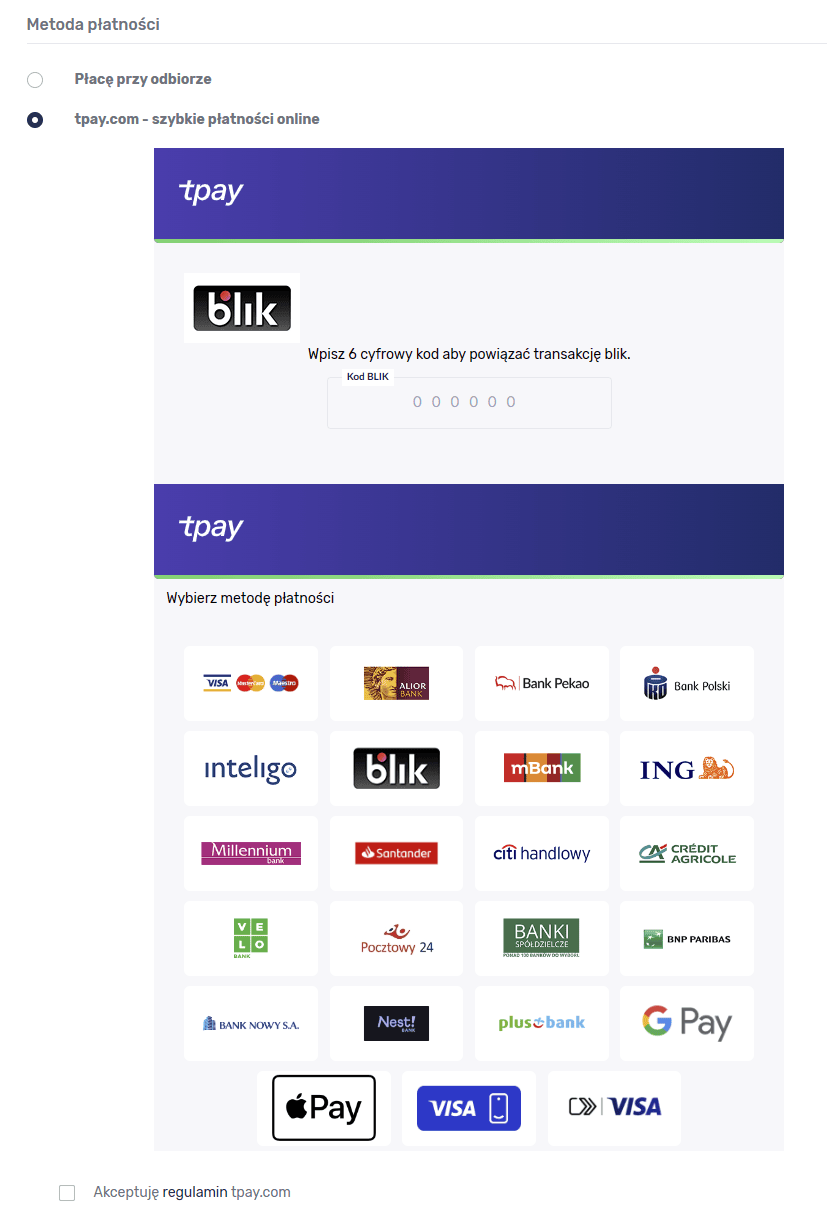 Screen view of payment method selection and selected, selected option "tpay - fast online payments". Below is the Blik logo with a box for entering the code.  Even lower are the logos of various payment gateways and banks. 