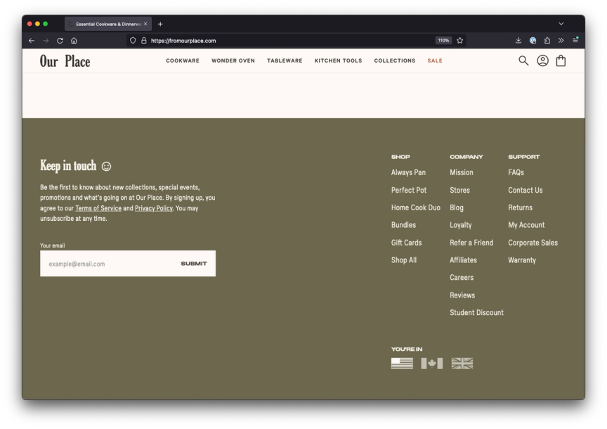 A screenshot from the Our Site page showing a footer that clearly displays the company's mission statement and frequently asked questions (FAQs) that are key to their target audience.